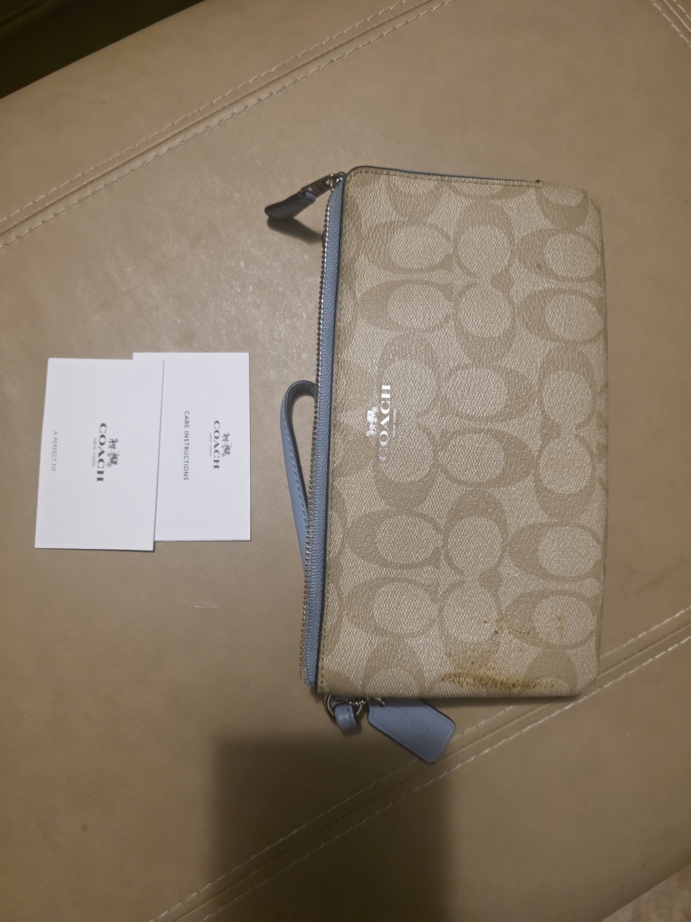 Coach Signature Canvas Wristlet - Beige with Blue Trim